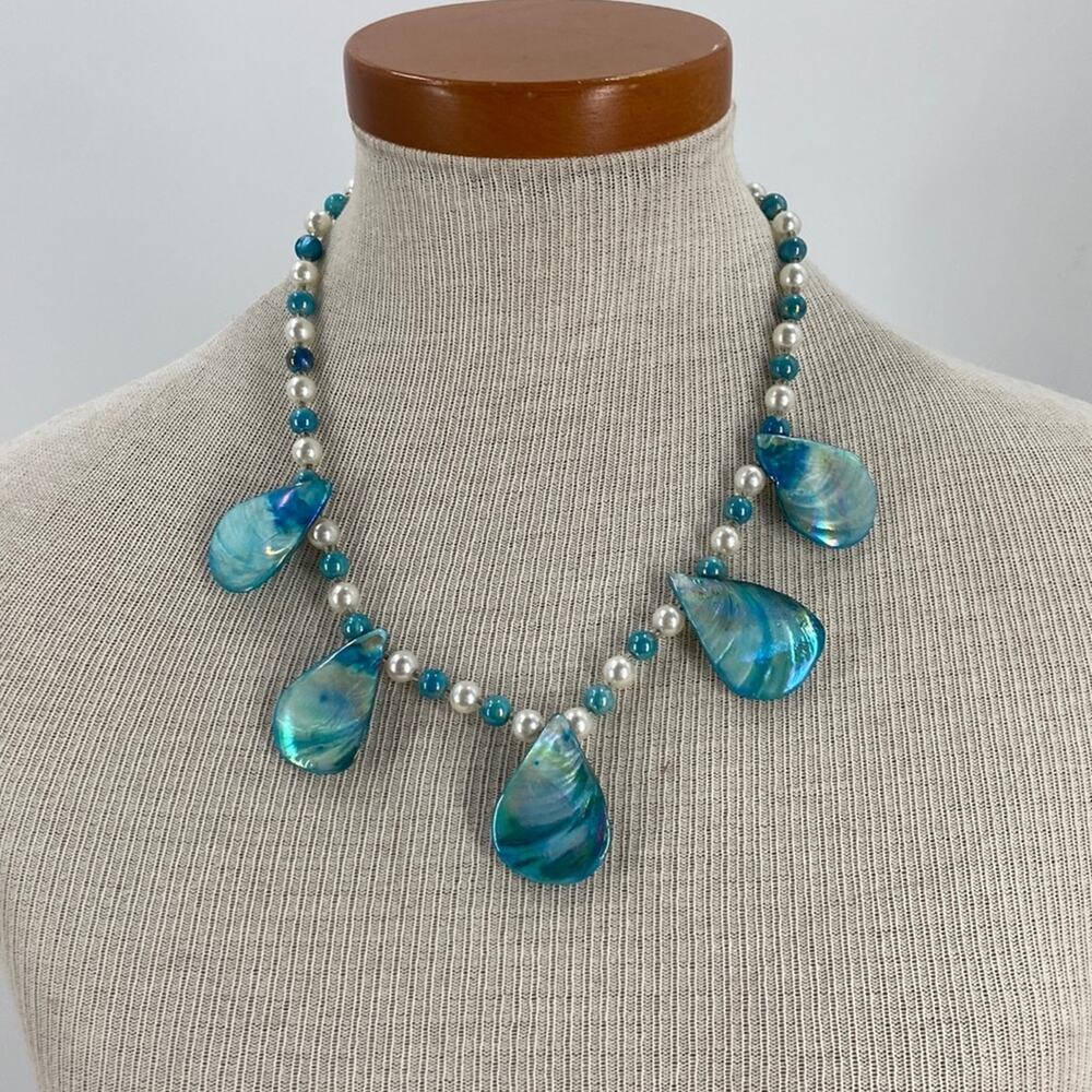 Mermaidcore Blue and white beaded shell necklace